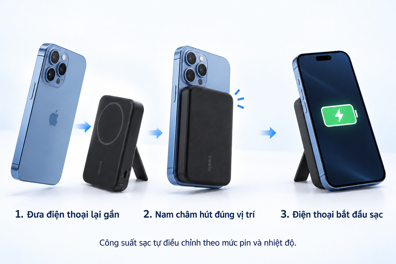 Điện thoại gắn vào pin dự phòng Belkin bằng nam châm và bắt đầu sạc không dây Qi2.