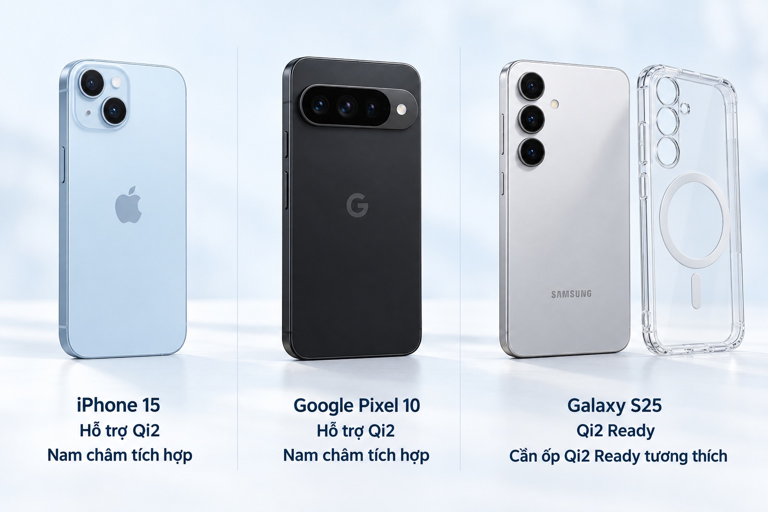iPhone 15, Google Pixel 10 và Galaxy S25 kèm ốp Qi2 Ready hỗ trợ sạc không dây Qi2.