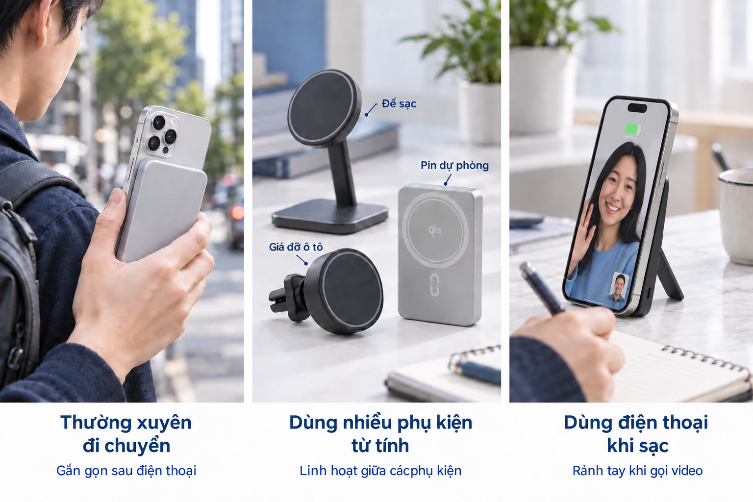 Sạc Qi2 khi di chuyển, sử dụng nhiều phụ kiện từ tính và gọi video rảnh tay trong lúc sạc.