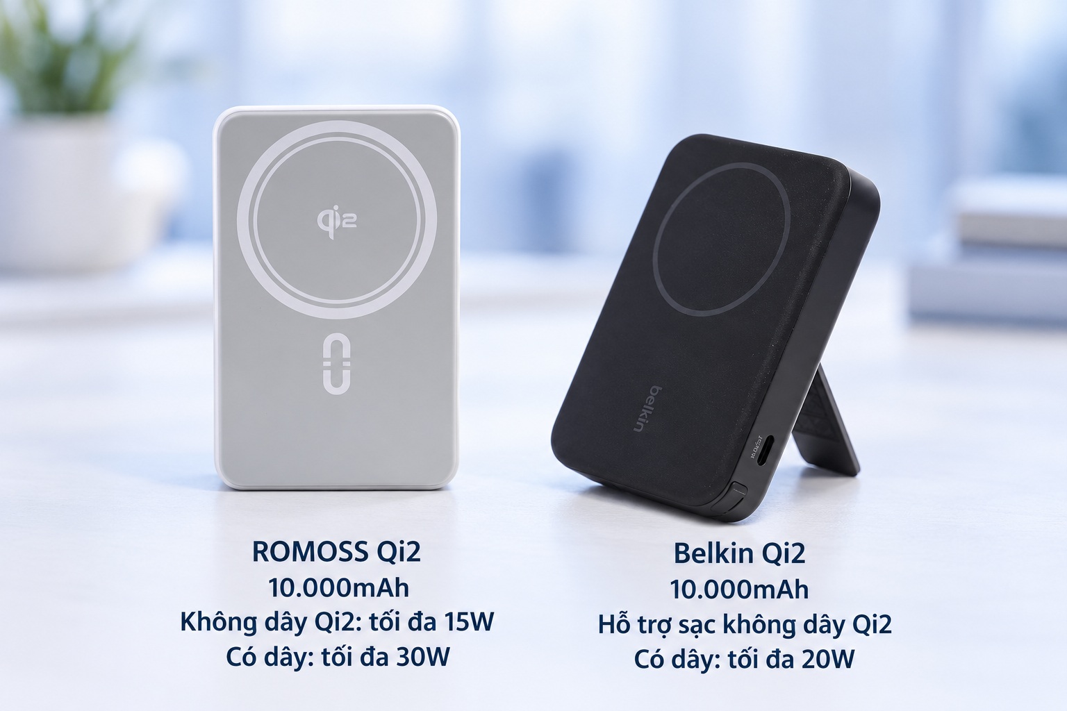 Pin dự phòng ROMOSS Qi2 và Belkin Qi2 dung lượng 10.000mAh.