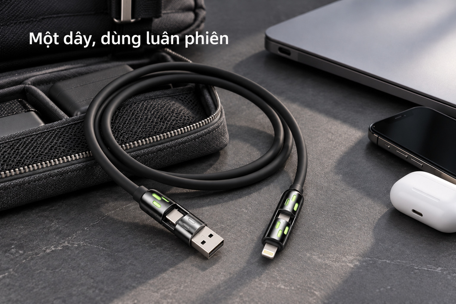 Cáp sạc MFISH 4 in 1 cuộn gọn bên túi phụ kiện, laptop và điện thoại