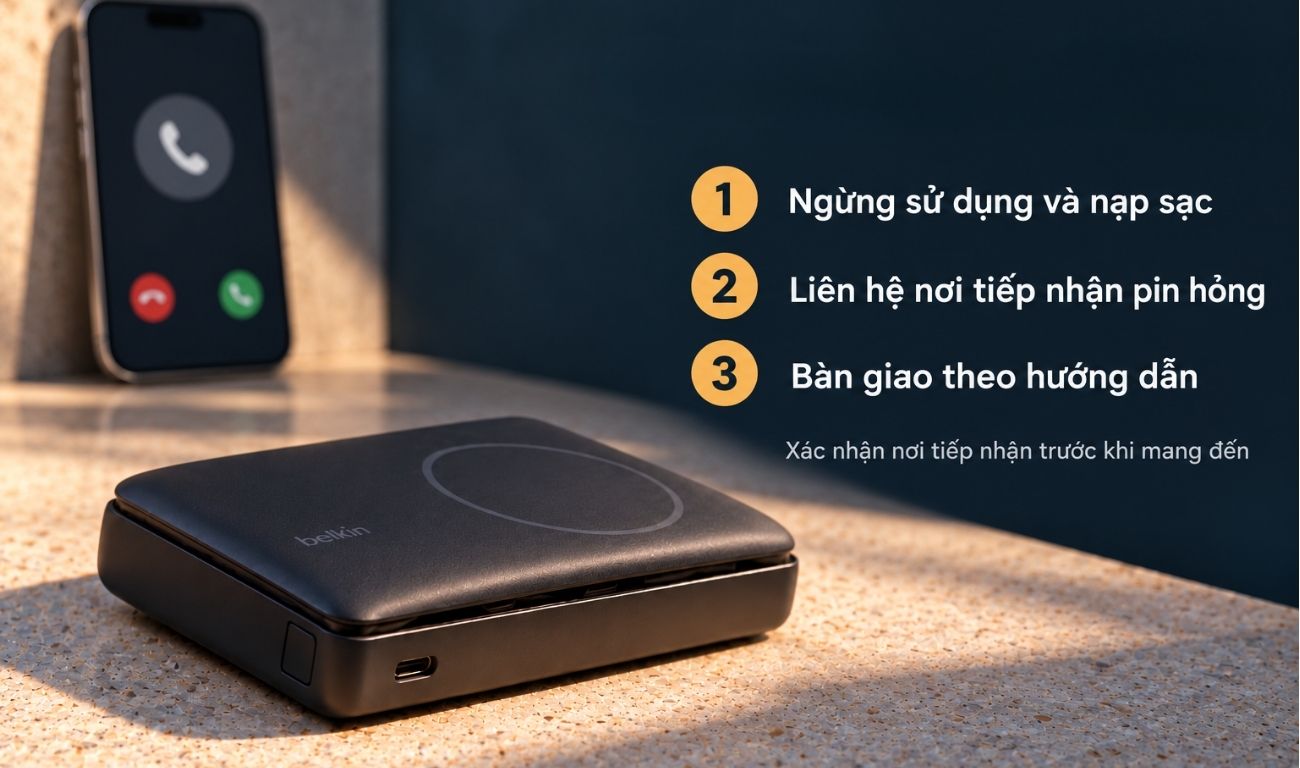 Hướng dẫn xử lý pin dự phòng bị phồng: ngừng sử dụng, liên hệ nơi tiếp nhận và bàn giao theo hướng dẫn