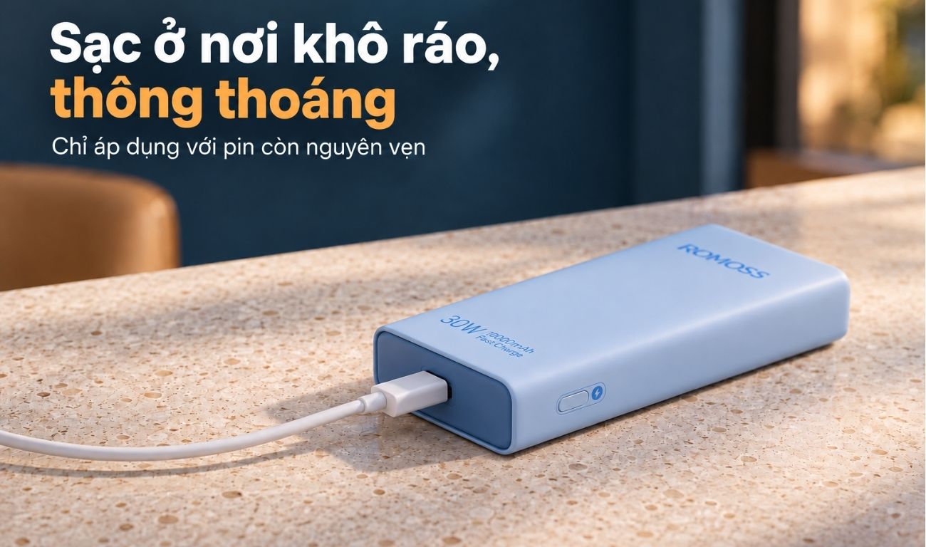 Pin dự phòng Romoss 10.000mAh 30W đang sạc trên bàn khô ráo, thông thoáng