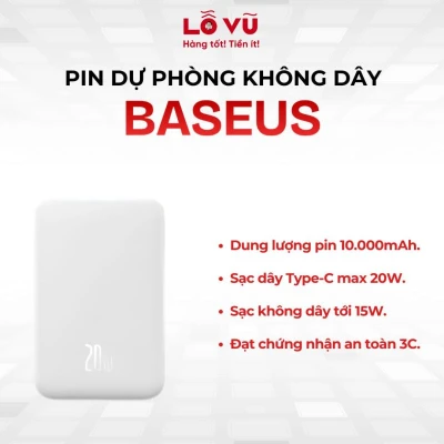 Pin dự phòng không dây Baseus 10.000mAh - PPCXM10 - sạc nhanh 20W, sạc không dây 15W tiện lợi, an toàn đạt chuẩn 3C