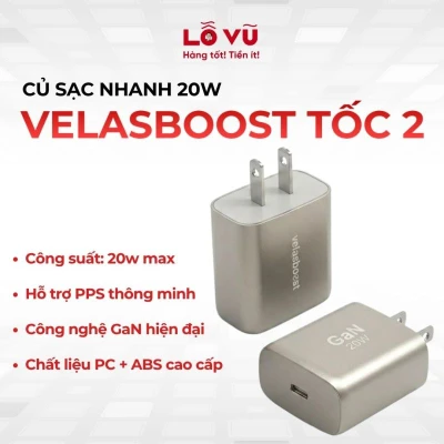 Củ sạc nhanh Velasboost Tốc 2 20W - Công nghệ GaN hỗ trợ sạc nhanh PD & PPS thông minh