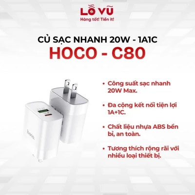 Củ sạc nhanh Hoco C80 20W (1A1C) - Sạc nhanh PD 20W & QC 18W, hỗ trợ PPS, thiết kế nhỏ gọn đa năng