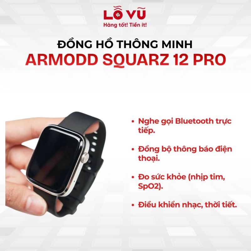 Đồng hồ thông minh ARMODD Squarz 12 Pro - Bluetooth 5.0, nghe gọi Bluetooth, nhận thông báo Apps, kháng nước IP6
