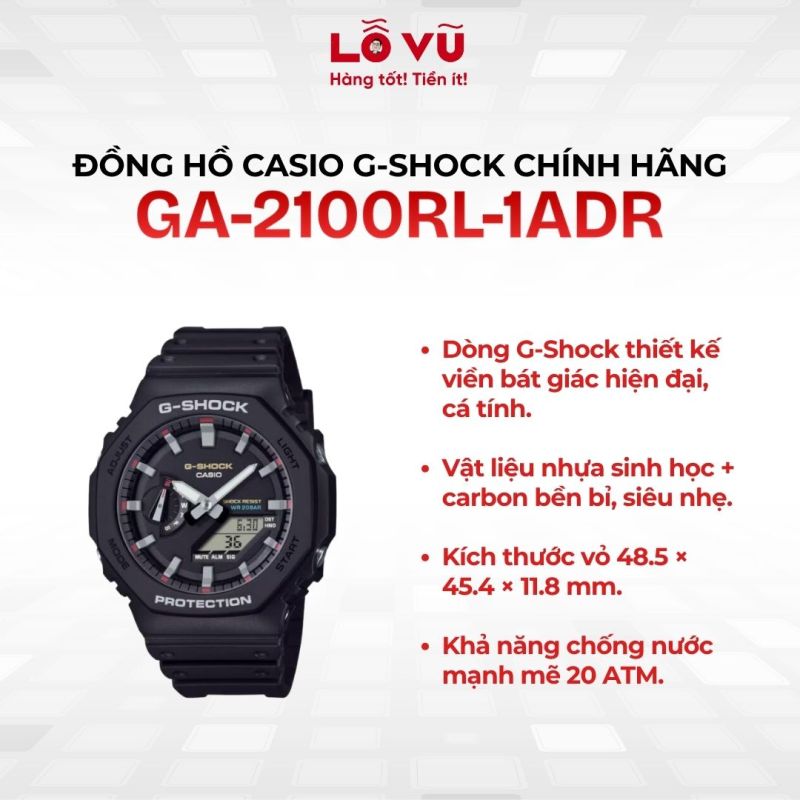 Đồng hồ Casio G-Shock GA-2100RL-1ADR Chính Hãng - Trọng lượng 51g, chất liệu carbon và nhựa sinh học bền bỉ, kháng nước 20atm