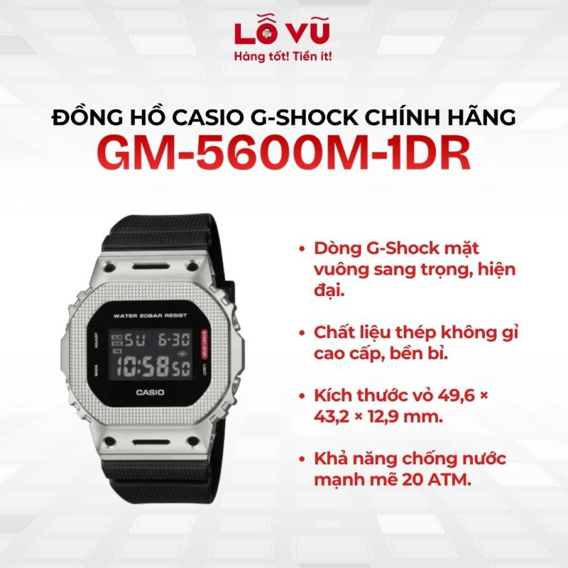 Đồng hồ Casio G-Shock GM-5600M-1DR Chính Hãng - Trọng lượng 73g, viền thép không gỉ, kháng nước 20atm
