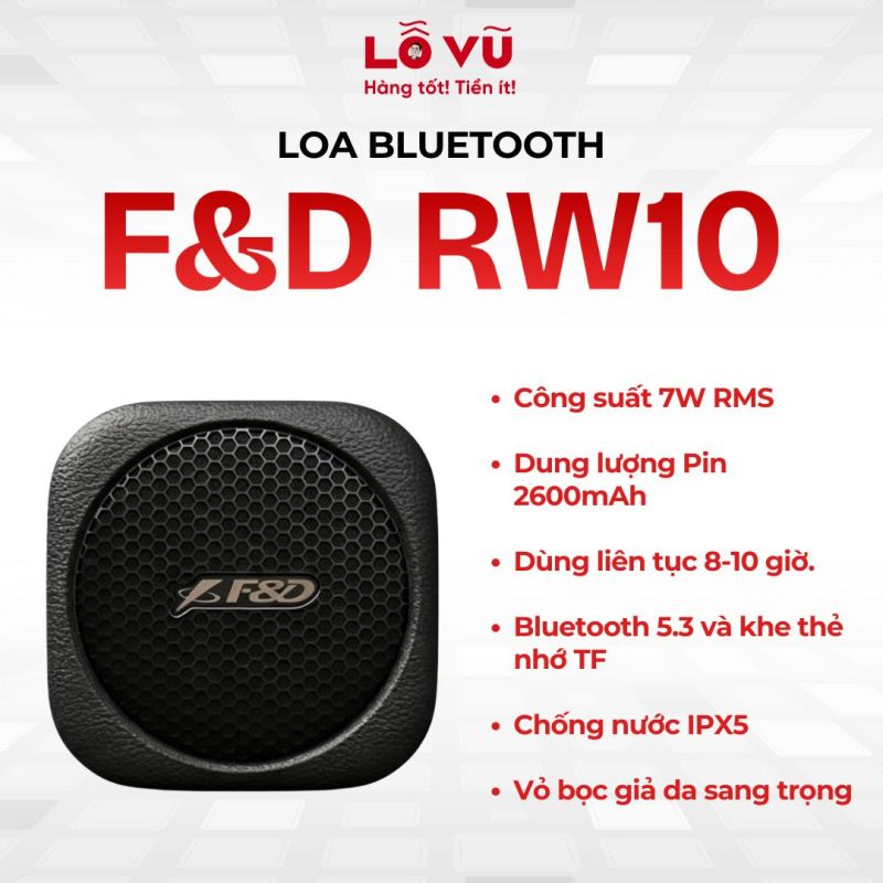 Loa bluetooth F&D RW10, Bluetooth 5.3 và khe thẻ nhớ TF, Dùng liên tục 8-10 giờ, Chống nước IPX5, Vỏ bọc giả da sang trọng