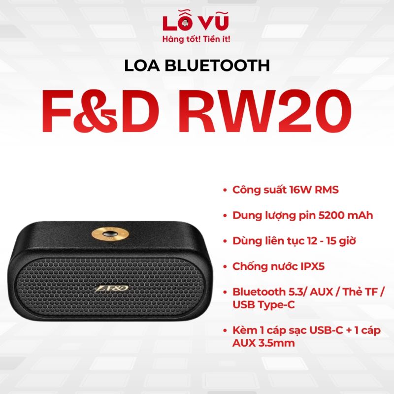 Loa bluetooth F&D RW20, Dung lượng pin 5200 mAh, Bluetooth 5.3/ AUX / Thẻ TF / USB Type‑C, Dùng liên tục 12 - 15 giờ, Chống nước IPX5