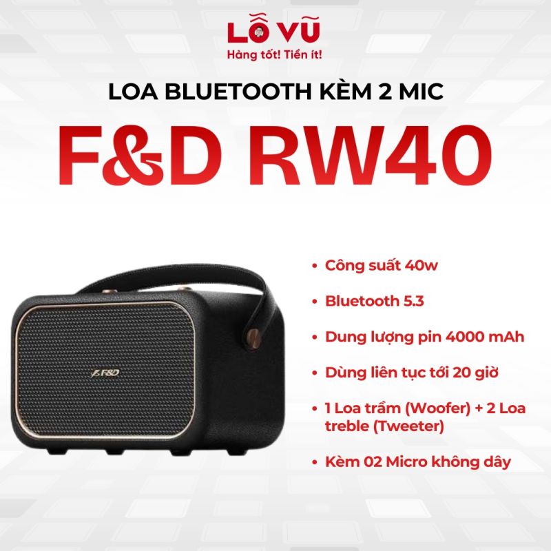Loa bluetooth F&D RW40 kèm 2 micro không dây, Thiết kế retro, Âm thanh 360°, Bluetooth 5.3, Dùng liên tục tới 20 giờ, Cấu hình gồm 1 Loa trầm (Woofer) + 2 Loa treble (Tweeter)