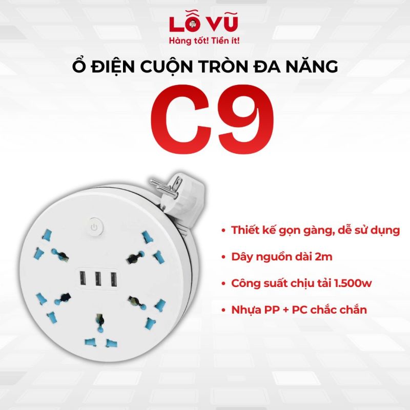 Ổ điện cuộn tròn đa năng C9 - Thiết kế thu gọn, an toàn & tiện lợi.