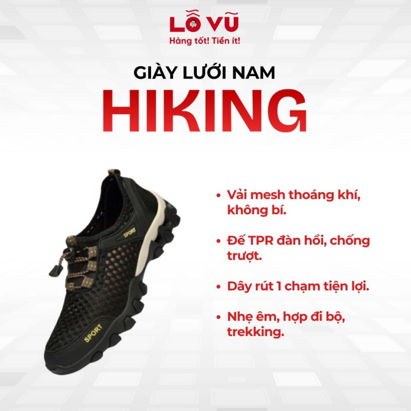 Giày lưới hiking nam - Đế TPR chống trượt, vải mesh thoáng khí, hệ thống dây rút nhanh