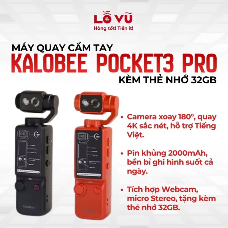 Máy Quay Cầm Tay Mini Kalobee Pocket3 Pro Tặng Kèm Thẻ Nhớ 32GB - Camera Quay Vlog Full HD & 4K Đa Hướng Xoay 180 Độ Pin 2000mAh Tích Hợp Webcam 2 Trong 1 Hỗ Trợ Tiếng Việt