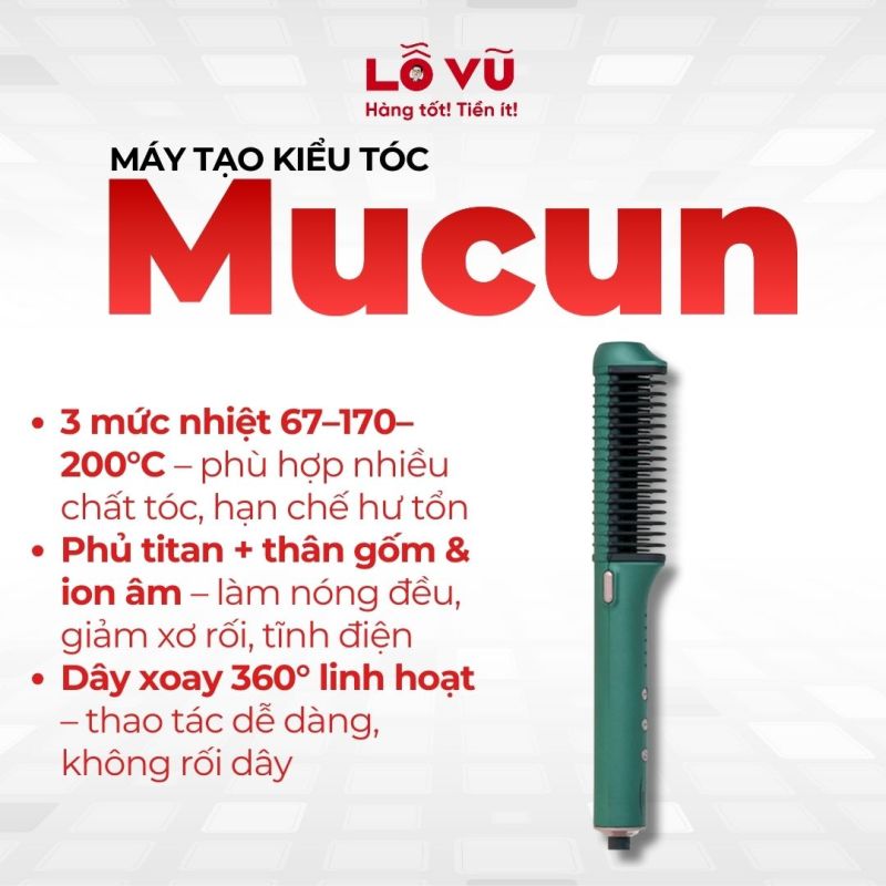 Máy tạo kiểu tóc Mucun - Lớp phủ titan cao cấp, công nghệ ion âm dưỡng tóc, 3 mức tùy chỉnh