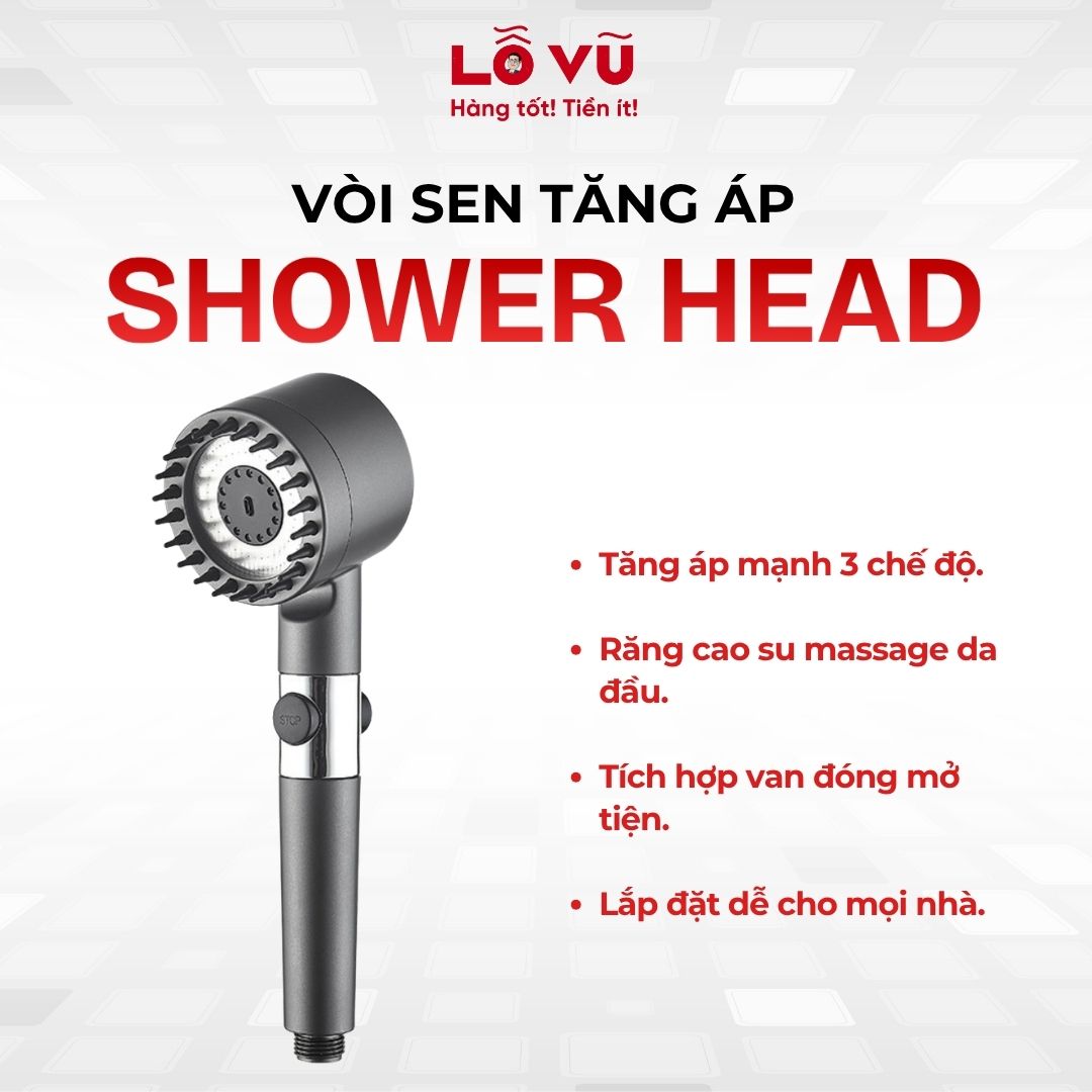 Vòi sen tăng áp Shower head - Tích hợp 3 chế độ xả thông minh, van khóa một chạm tiện lợi, trang bị răng cao su massage thư giãn