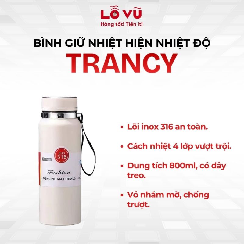 Bình Giữ Nhiệt Hiện Nhiệt Độ TRANCY - Thép 316 cao cấp, 4 lớp cách nhiệt bền bỉ