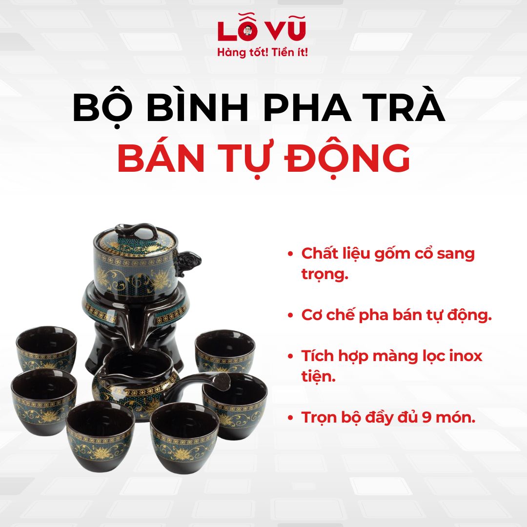 Bộ Bình Pha Trà Bán Tự Động - Chất liệu gốm cổ, pha bán tự động, màng lọc inox