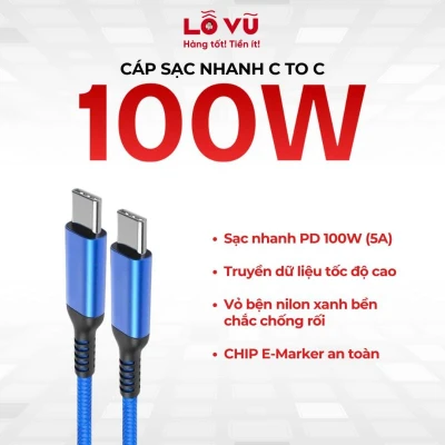 Cáp sạc C to C 2M, 1M8, 3M - 100W - (Màu random) - Hỗ trợ sạc nhanh pd, truyền dữ liệu tốc độ cao, tích hợp chip e-marker an toàn