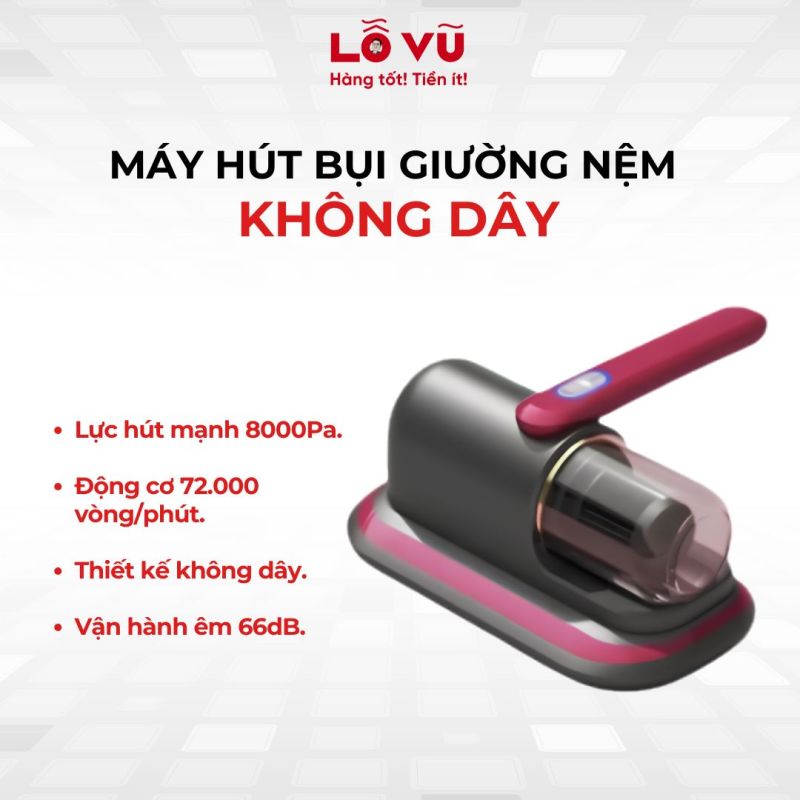 Máy hút bụi giường nệm không dây - Lực hút 8000Pa, độ ồn êm ái 66dB, thiết kế không dây cơ động