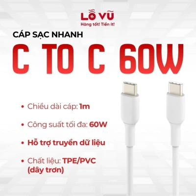 Cáp sạc USB-C to USB-C 60W dài 1M - Sạc nhanh chuẩn PD, chất liệu nhựa cao cấp, truyền dữ liệu ổn định