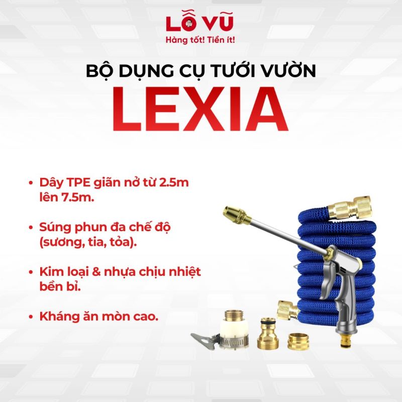 Bộ dụng cụ tưới vườn Lexia - Dây giãn nở 7.5m, súng phun đa chế độ