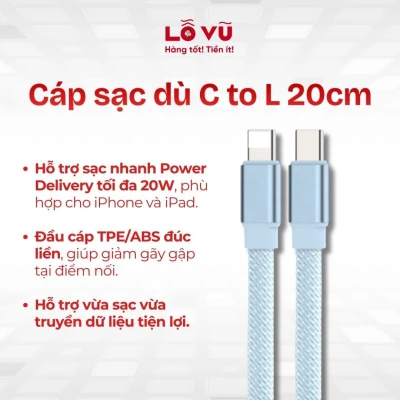 Combo 2 và 3 cáp sạc dù siêu ngắn C to Lightning 20cm - Hỗ trợ sạc nhanh PD 20W, chất liệu dù bện chống rối, đầu cáp đúc chống gãy gập, tối ưu cho pin dự phòng