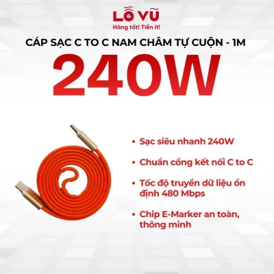 Cáp sạc C to C nam châm tự cuộn - 240W - 1M - Cam - Siêu tốc , chống rối & bền bỉ
