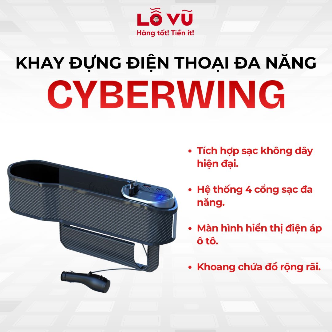Khay đựng điện thoại đa năng CYBERWING - Màn hình hiển thị điện áp, hệ thống 4 cổng sạc , tích hợp sạc không dây