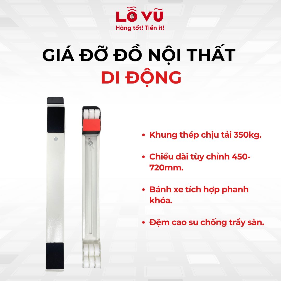 Giá đỡ đồ nội thất di động - Khung thép chịu tải 350kg, bánh xe tích hợp phanh khóa, đệm cao su chống trầy sàn