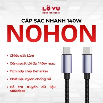 Combo 2 - Cáp sạc C to C Nohon 140W dài 1.2M - Sạc siêu nhanh 140W cho laptop, điện thoại