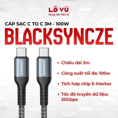 Cáp sạc C to C BLACKSYNCZE 3M - 100W - Sạc nhanh 100W, truyền dữ liệu tốc độ cao 20Gbps