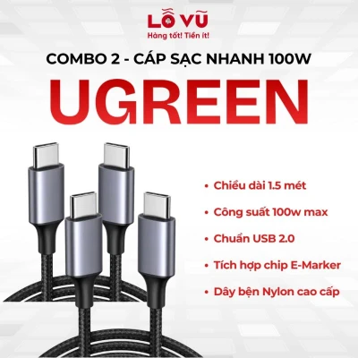 Combo 2 - Cáp sạc nhanh C to C Ugreen 100W (1.5m) - Tích hợp chip E-Marker thông minh, vỏ bọc dù bện Nylon cao cấp (Hàng Nobox)