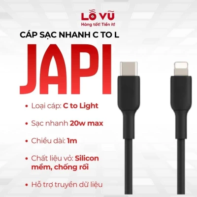 Cáp sạc USB-C to Lightning JAPI dài 1M - Sạc nhanh PD 20W, đầu cáp TPE đúc liền siêu bền, thiết kế nhỏ gọn