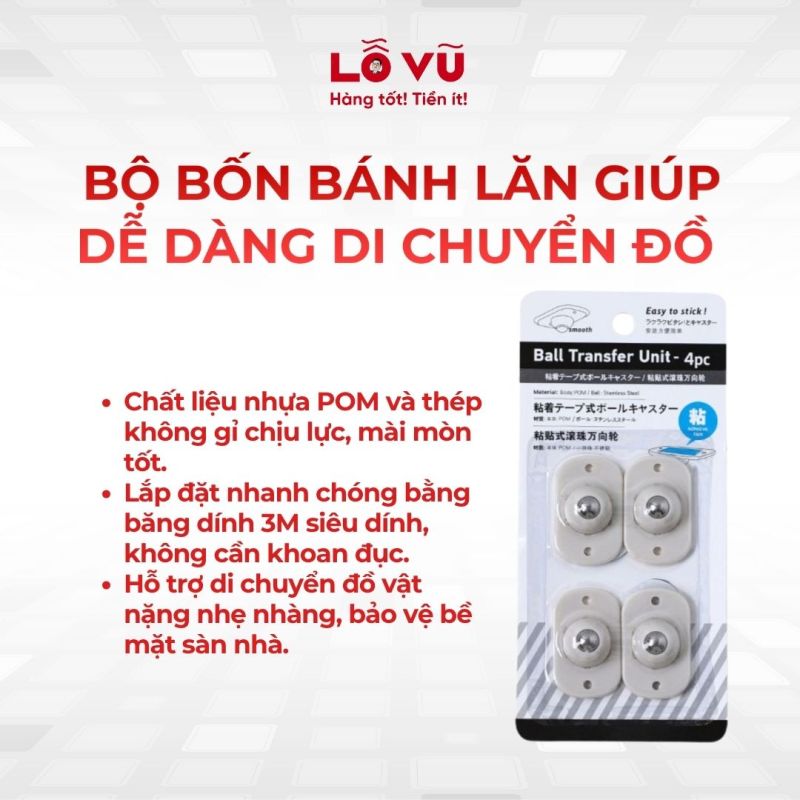 Bộ Bốn Bánh Lăn Di Chuyển Đồ Mini 3M - Tải Trọng 50kg