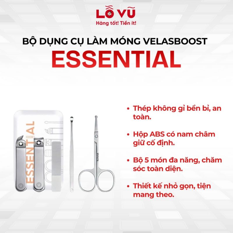 Bộ dụng cụ làm móng Velasboost Essential - Thép không gỉ, hộp hít nam châm tiện lợi