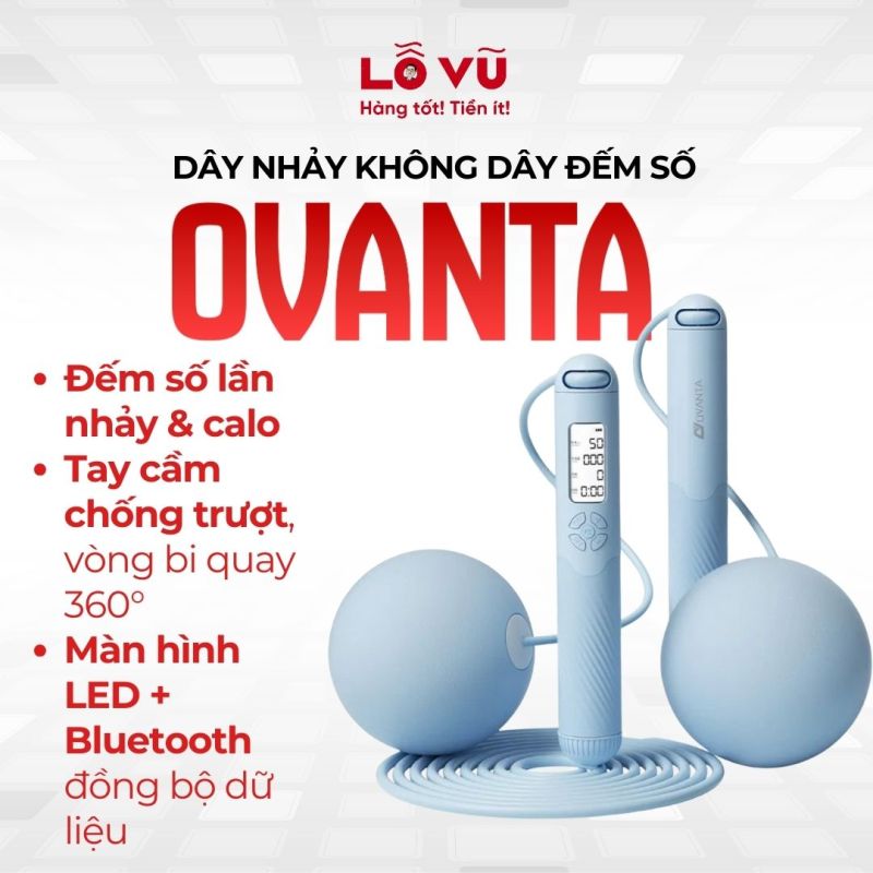 Dây nhảy không dây đếm số OVANTA - Màn hình Led kết nối BLUETOOTH, vòng bi xoay 360 độ
