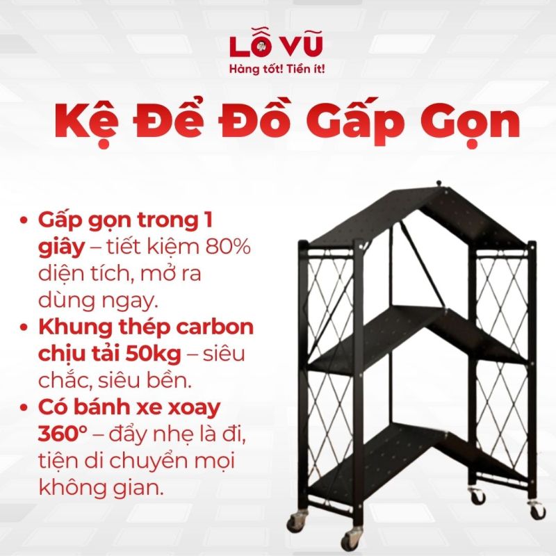 Kệ Để Đồ Gấp Gọn Đa Năng - Thép carbon, có bánh xe