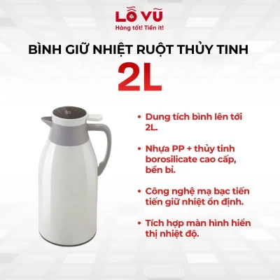 Bình giữ nhiệt ruột thủy tinh 2L - Màn hình led đo nhiệt, giữ nhiệt lên đến 48h