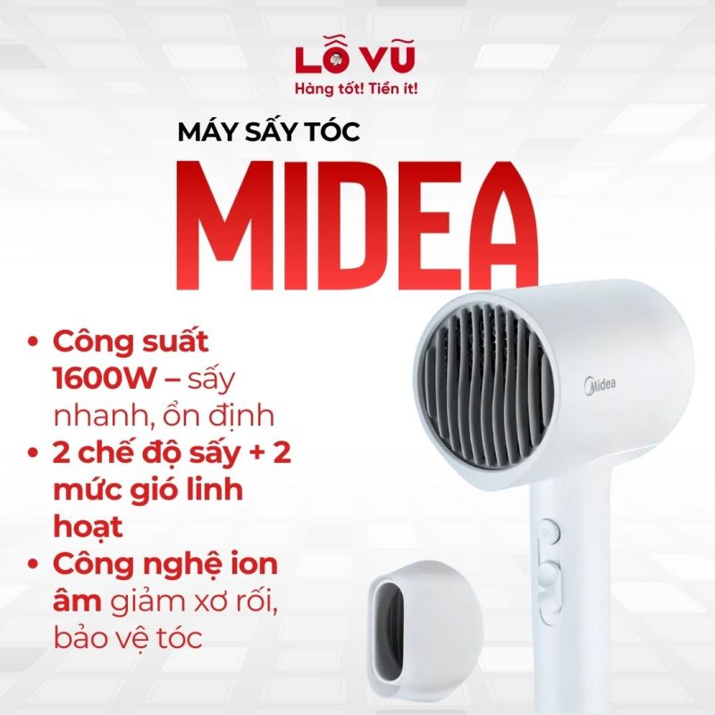 Máy sấy tóc Midea - Công suất 1600W, công nghệ ion âm dưỡng tóc