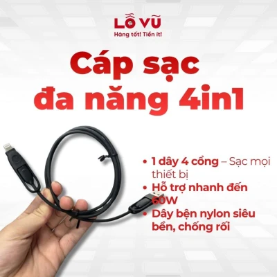 Cáp sạc đa năng 4 trong 1 dài 1M - Giải pháp kết nối toàn diện, sạc nhanh PD 60W, thiết kế dây bện nylon siêu bền - (Màu sắc lẫn lộn, bện không giống nhau)