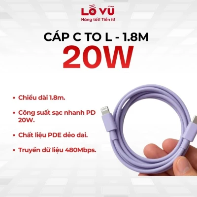 Cáp sạc C to Lightning 20W dài 1.8M - Hỗ trợ sạc nhanh PD, truyền dữ liệu 480Mbps, chất liệu TPE chống rối