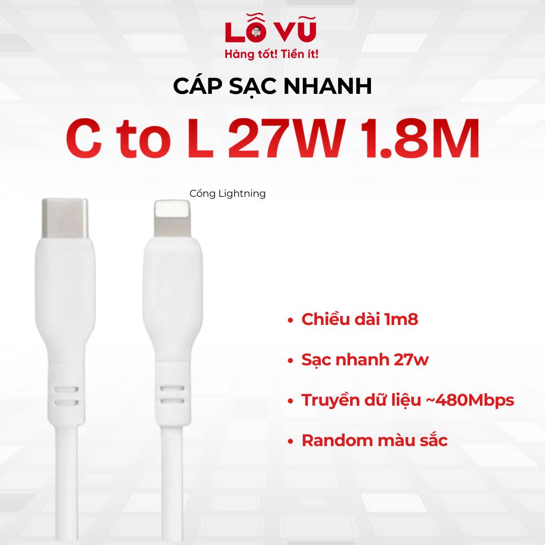 (Random trắng/ đen) Cáp sạc C to Lightning 27W dài 1.8M - Hỗ trợ sạc nhanh PD 3.0, vỏ PVC bền bỉ, thiết kế tinh tế