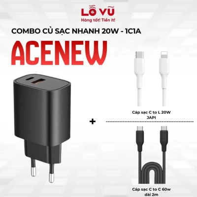 Combo Củ sạc nhanh 20W - 1C1A - Acenew tặng Cáp sạc C to L JAPI 20w hoặc Cáp C to C 60w