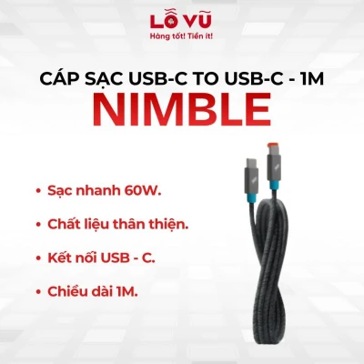 Combo 2 Cáp sạc USB-C to USB-C Nimble - Công suất 60W, thiết kế bền bỉ từ vật liệu tái chế, chuẩn sạc nhanh PD, thân thiện với môi trường