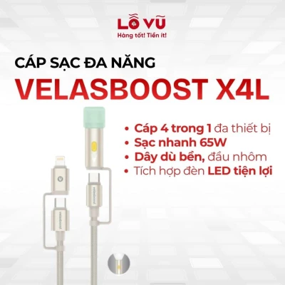 Cáp sạc đa năng Velasboost X4L (Type-C to Type-C/Lightning) dài 1.2M - Tích hợp đèn LED độc đáo, công suất sạc nhanh 65W, công nghệ dệt PET+PP