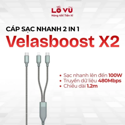 Cáp Velasboost 2 in 1 X2 - Sạc nhanh 100W, 2 cổng type C & lightning