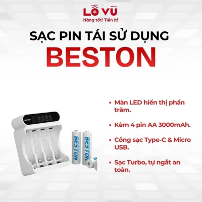 Sạc pin Beston tái sử dụng - Gồm 4 viên pin AA sạc 1000 - 1200 lần