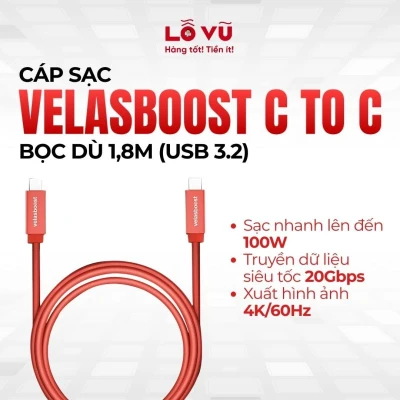 CÁP SẠC VELASBOOST C TO C BỌC DÙ 1,8M (USB 3.2)